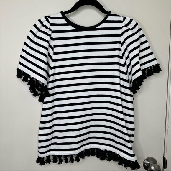 Kate Spade Black and Off White Stripe Flutter Sleeve Tassel Top - Picture 3 of 9